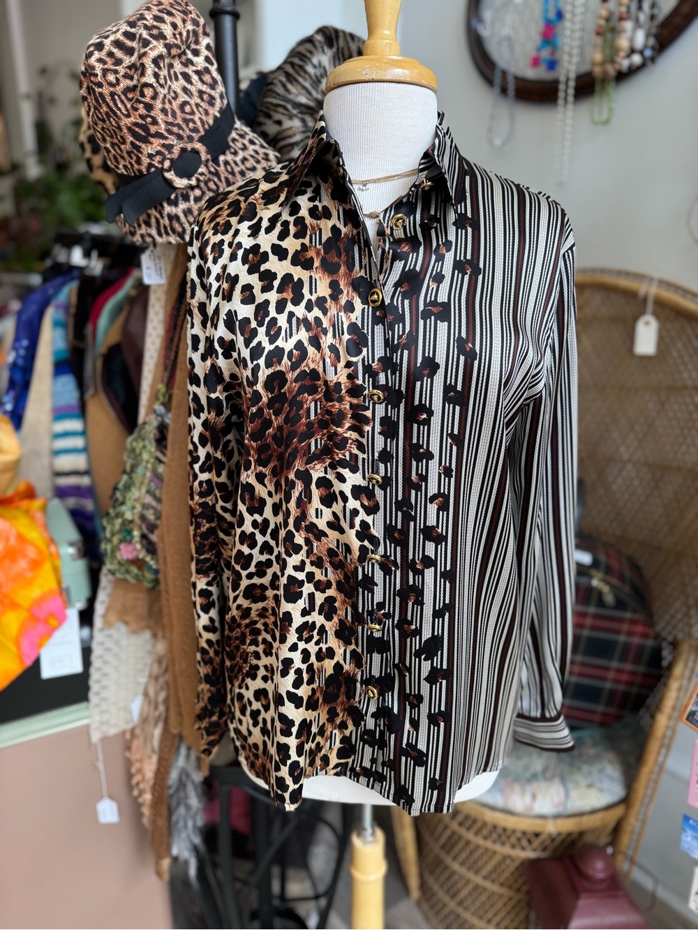 Escada 100% silk Mixed Animal & Stripe Silk Blouse in Brown, Black & White